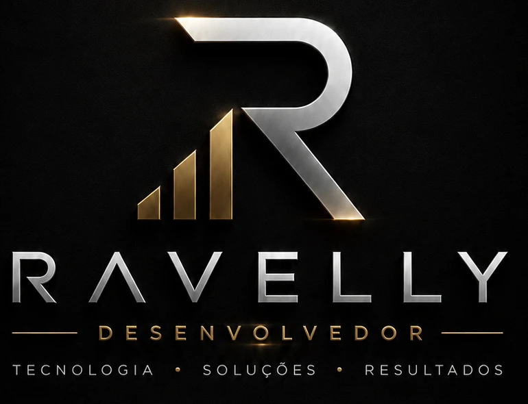 Logotipo da RAVELLY: letra R em prata com barras ascendentes em dourado, sobre fundo preto.